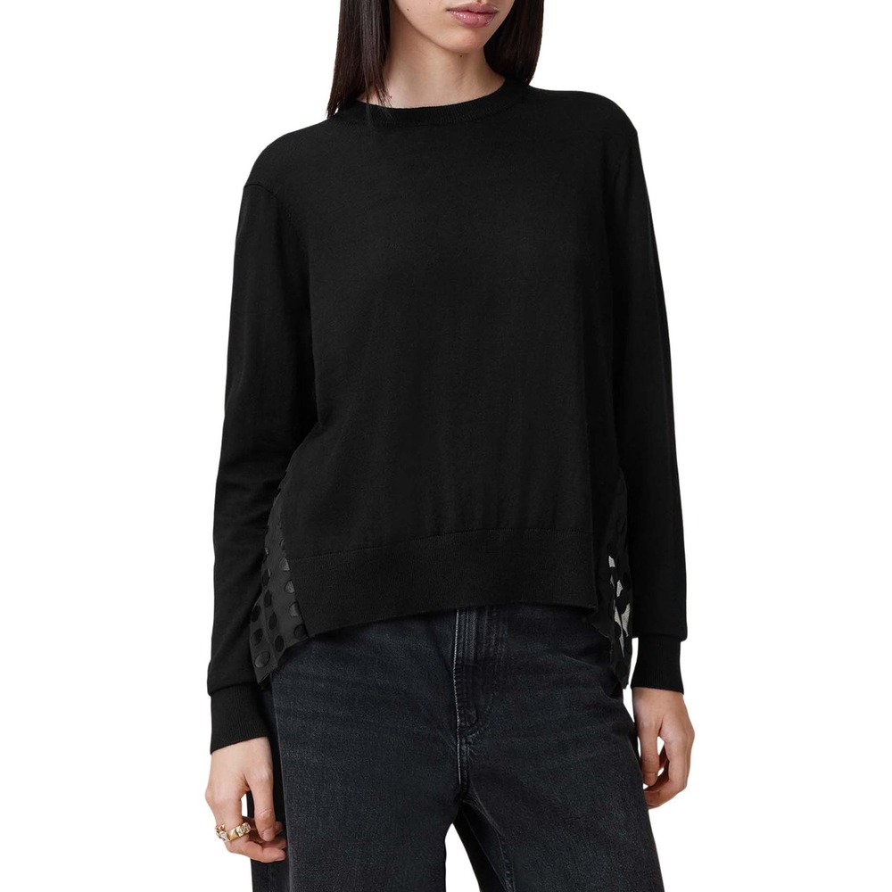 AllSaints Black Dott Top Wool Mixed Media Sheer Pleated Polka Dot Sweater Medium